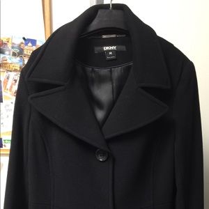 DKNY black single breasted three button wool coat
